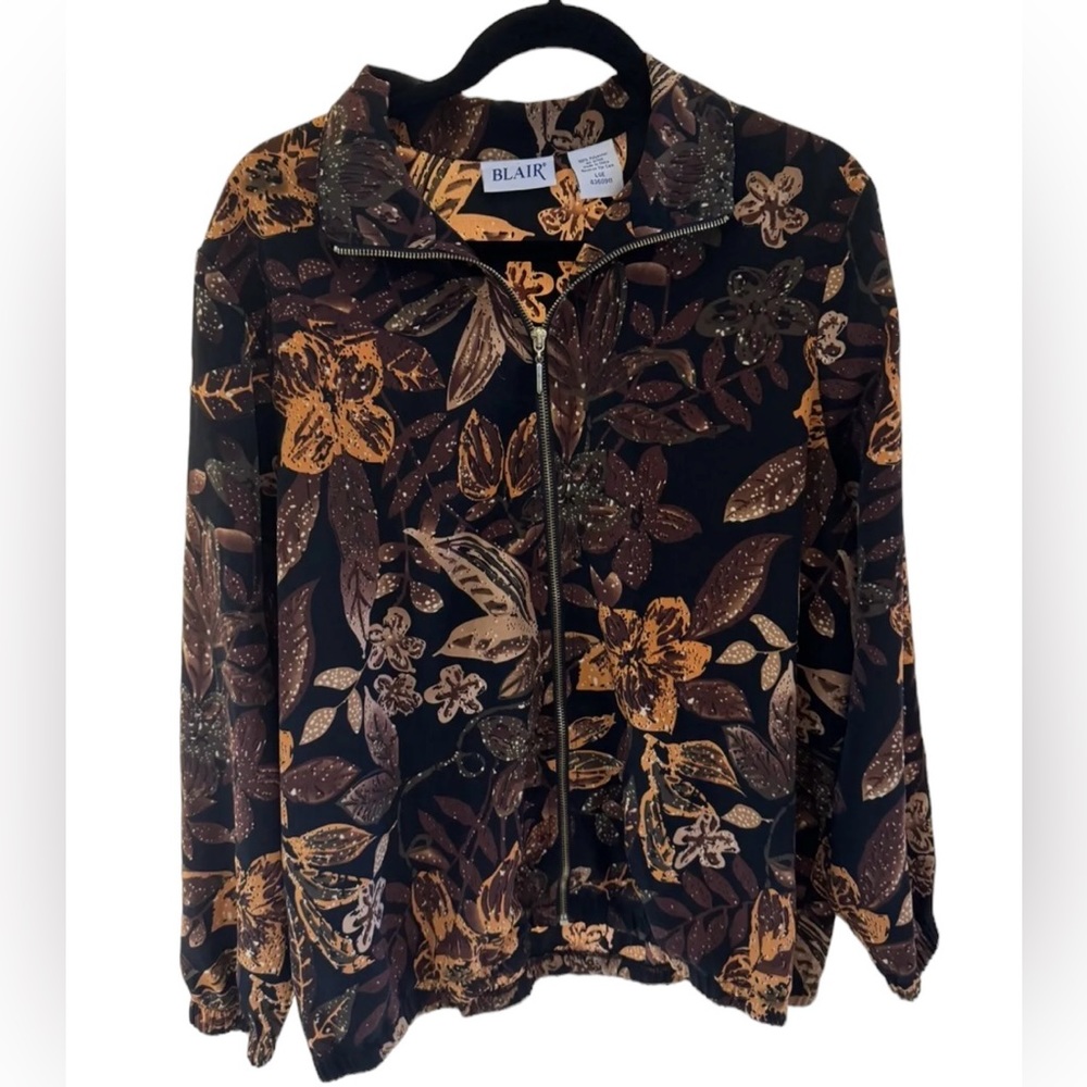 Blair Women L Brown Burnt Orange Floral Lightweight Zip Front Jacket Boho Casual